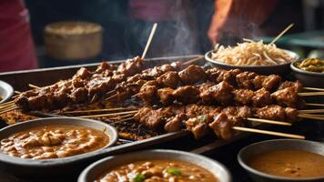 A vibrant display of grilled skewers with sauces and noodles, showcasing street food culture. photo