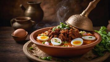 A steaming bowl of flavorful meat curry topped with eggs and herbs, served in a rustic setting. photo