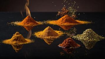 A vibrant display of various spices in mounds, showcasing their colors and textures. photo