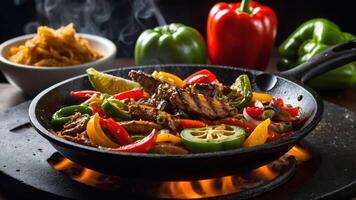 A sizzling plate of colorful grilled chicken with peppers and lime, served with snacks. photo
