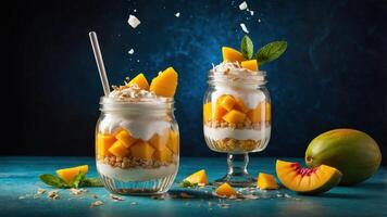 Two jars of mango parfait with layers of yogurt, granola, and fresh mango, garnished with mint. photo