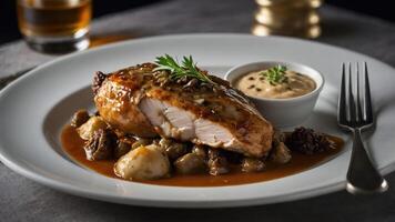 A plated dish featuring chicken with sauce, vegetables, and a side of dipping sauce. photo
