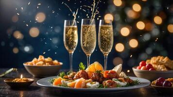 Festive table setting with sparkling drinks and a variety of delicious foods. photo