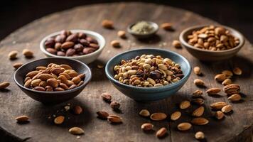 A rustic display of assorted nuts in bowls on a wooden table, showcasing variety and texture. photo