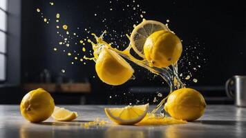Fresh lemons splashing with juice on a dark surface, showcasing vibrant colors and textures. photo