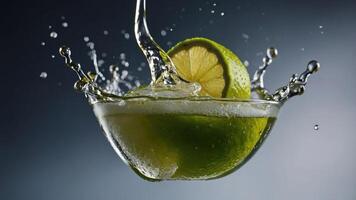 A fresh lime splashes into a bowl of liquid, creating dynamic water droplets. photo