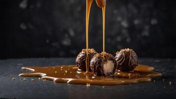 Three chocolate-covered truffles with caramel sauce drizzling over them on a dark surface. photo