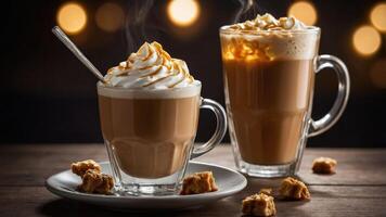 Two steaming coffee drinks topped with whipped cream and caramel, served on a wooden table. photo