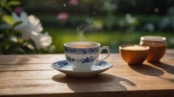 A steaming cup of tea on a wooden table with a serene garden background. photo