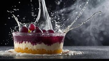 A vibrant dessert with fruit and cream, splashing water creates an enticing visual effect. photo