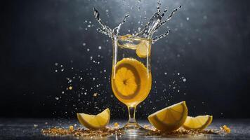 A refreshing beverage splashes in a glass, surrounded by lemon slices. photo