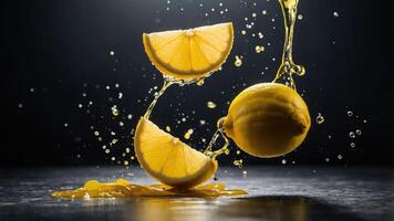 A dynamic image of lemon slices and juice splashing against a dark background. photo
