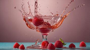 A bowl of raspberries splashes in liquid, showcasing vibrant colors and dynamic motion. photo