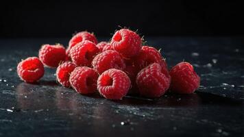 A cluster of fresh raspberries on a dark surface, highlighting their vibrant color and texture. photo