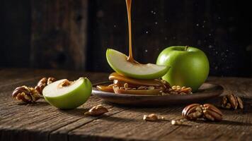 Fresh green apples with caramel and nuts on a rustic wooden table. photo