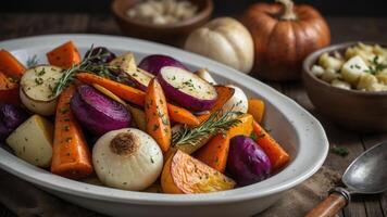 A platter of colorful roasted vegetables garnished with herbs, perfect for a healthy meal. photo