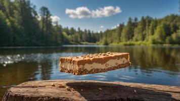 A floating ice cream bar above a serene lake surrounded by lush greenery. photo