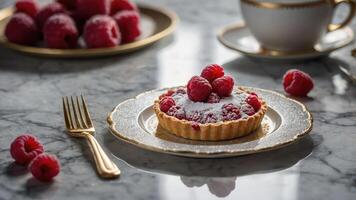A beautifully plated raspberry tart garnished with powdered sugar, set on a marble table. photo