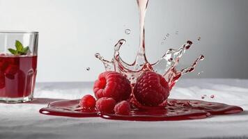 A splash of raspberry juice with fresh raspberries, showcasing vibrant colors and textures. photo