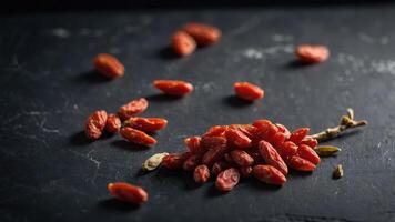 A close-up of dried goji berries on a dark surface, emphasizing their texture and color. photo