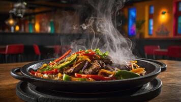 A sizzling platter of fajitas with colorful vegetables and steam rising, served in a restaurant. photo