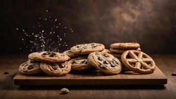 A tempting display of chocolate chip cookies and a pretzel on a wooden board. photo