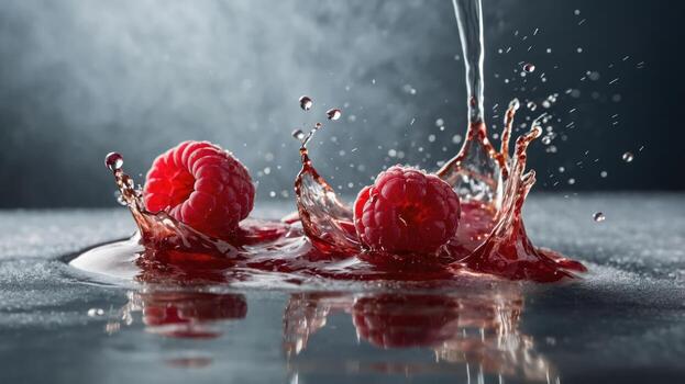 Raspberries splashing in water, creating a dynamic and refreshing visual effect. photo