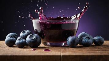 A bowl of blueberry juice with splashes, surrounded by fresh blueberries on a wooden surface. photo