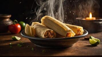 A plate of steaming tamales garnished with lime and herbs, evoking a warm culinary experience. photo