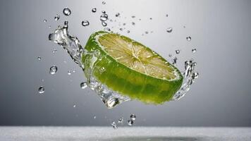 A vibrant lime slice splashes into water, creating dynamic droplets and a refreshing scene. photo