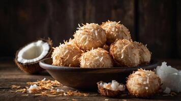 A bowl of toasted coconut macaroons with fresh coconut pieces on a rustic wooden table. photo