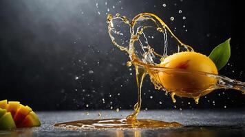 A splash of juice with a peach and mango slice, capturing freshness and vibrancy. photo