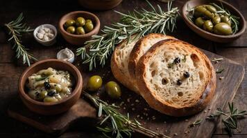 A rustic spread featuring toasted bread, olives, and herbs on a wooden board. photo