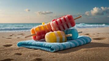 Colorful popsicles on a beach towel by the ocean, evoking summer and leisure vibes. photo