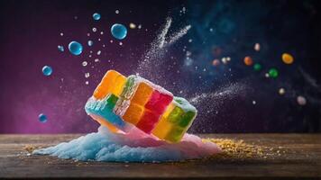 A colorful candy block splashes into powdered sugar with bubbles and vibrant candies around it. photo