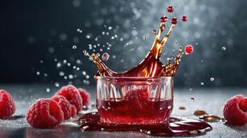 A splash of raspberry juice with fresh raspberries, showcasing vibrant colors and textures. photo