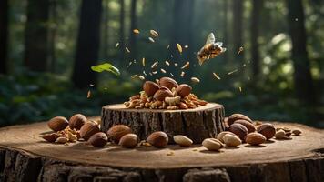 A bee hovers over a variety of nuts arranged on a tree stump in a forest setting. photo