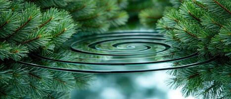 Rippling water surface surrounded by pine tree branches photo