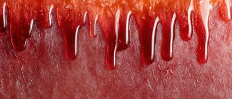 Close up of red jelly or jam dripping down photo