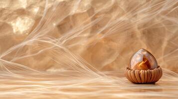 Glowing amber orb in woven nest on feathery background photo