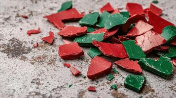 Broken glass shards in red and green colors photo