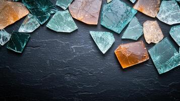 Shattered glass fragments on dark slate background photo