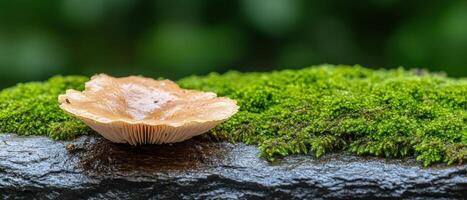 Mushroom growing on moss covered log in forest photo