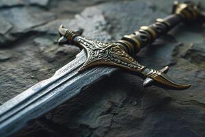 Ornate fantasy sword on dark background photo