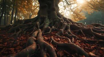 Autumn forest with intricate tree roots photo