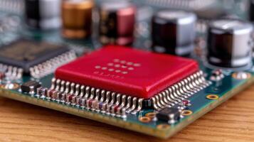 close up of a red computer chip on a circuit board photo