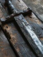 Rustic old wrench on weathered wooden surface photo
