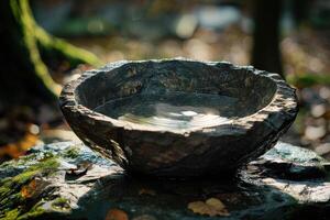 Tranquil stone birdbath in serene forest setting photo