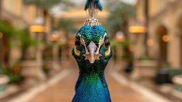 Vibrant peacock with ornate feathers and crown photo