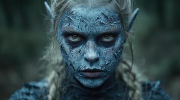 Mysterious blue skinned creature with intense eyes photo